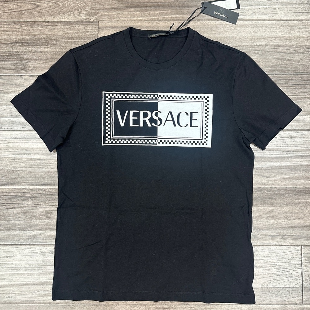 NWT Authentic Versace Men's Black & White Embroidered Logo Shirt - Size L - Picture 1 of 12
